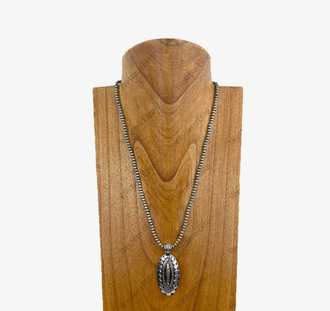 22" Silver Navajo Pearl Beads with Metal Oval Concho Necklace