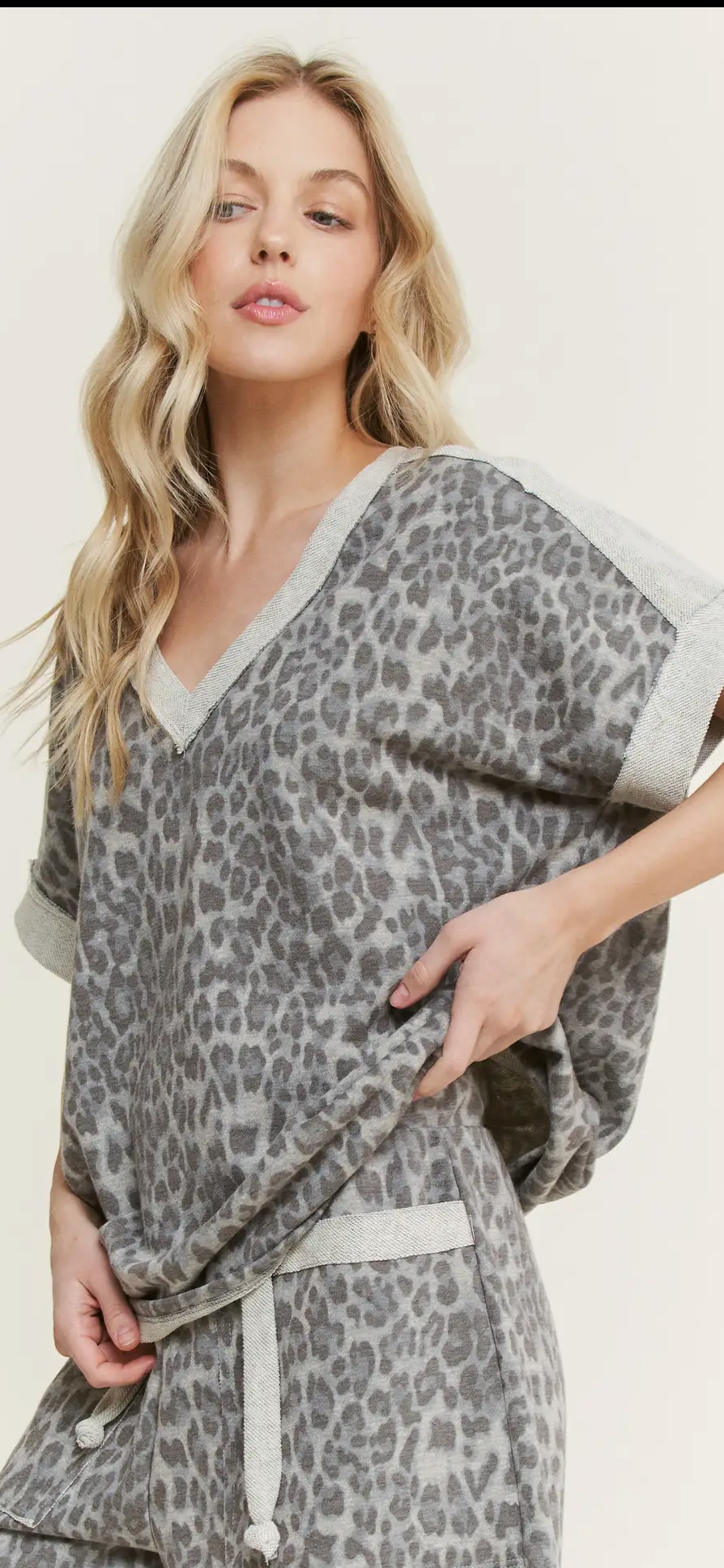 Mineral Washed Leopard Print V Neck Top