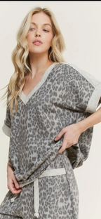 Mineral Washed Leopard Print V Neck Top