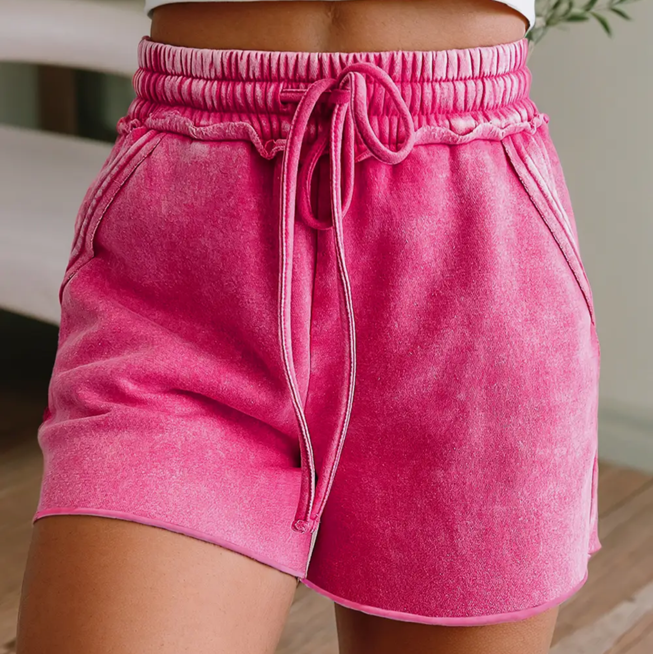 Mineral Washed Drawstring Elastic Waist Raw Cut Shorts- Rose