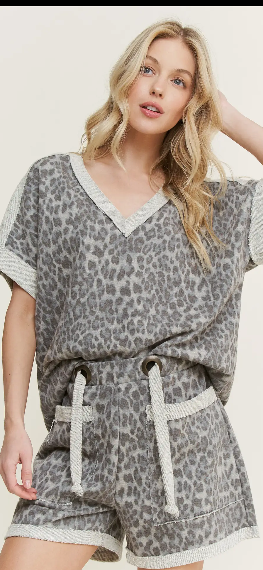 Mineral Washed Leopard Print V Neck Top