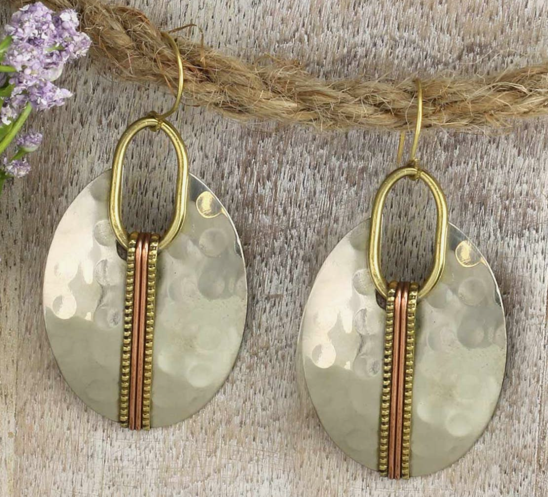Mixed Metal Hammered Silver Oval Earrings