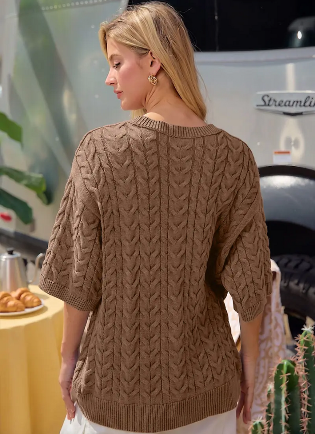 Washed Cable Half Sleeve Round Hem Knit Top-vintage mocha