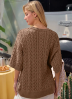 Washed Cable Half Sleeve Round Hem Knit Top-vintage mocha