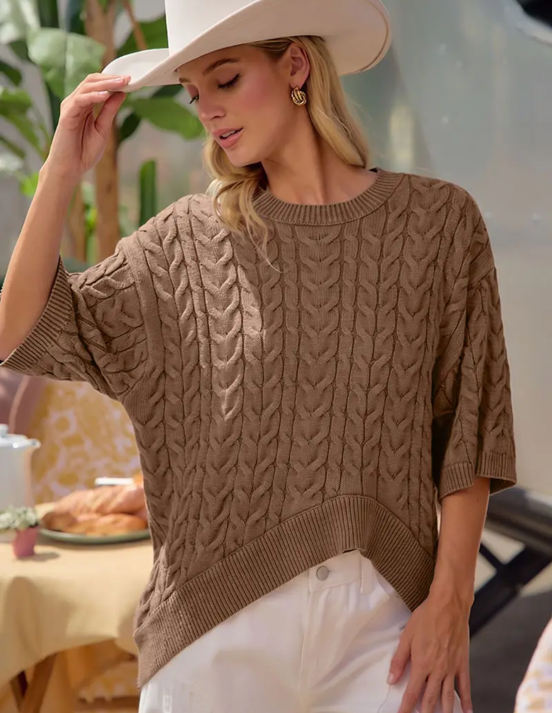 Washed Cable Half Sleeve Round Hem Knit Top-vintage mocha