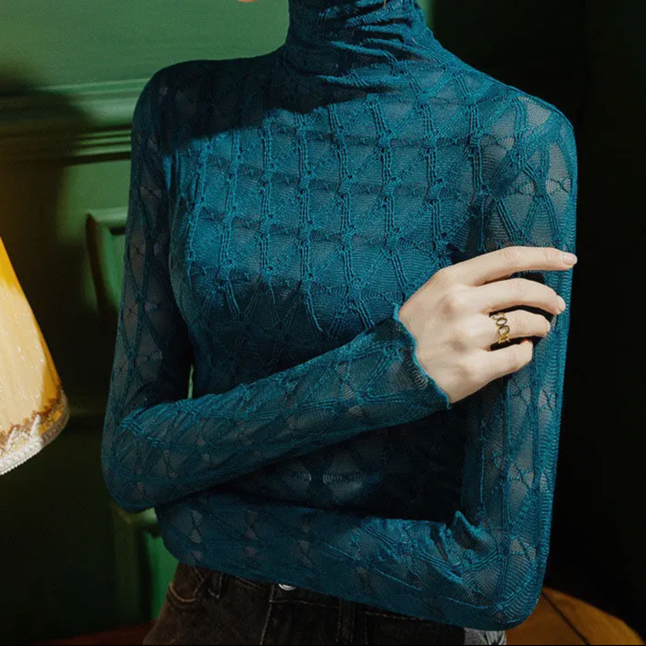Mock Neck Lace Long Sleeve Top -(blue)