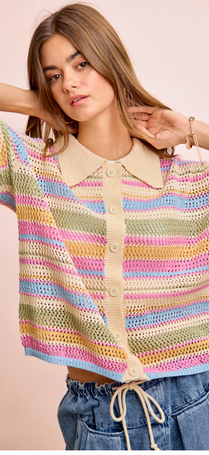 Multi Colors Stripes Buttoned Knit Top