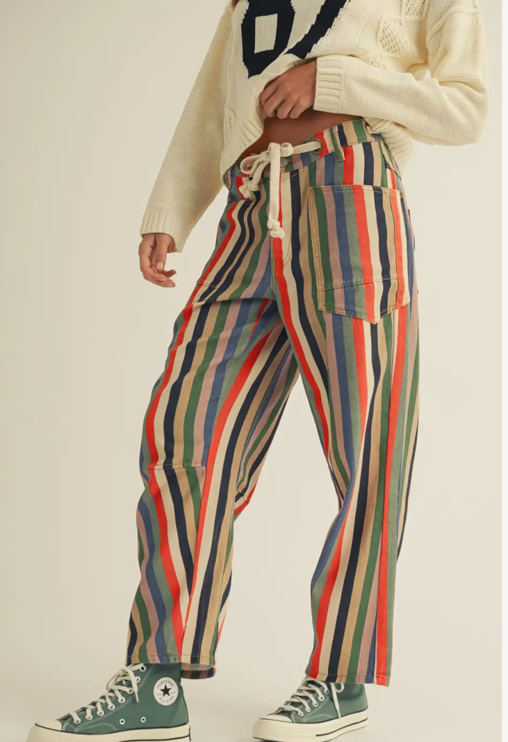 Washed Multi Stripes Rope String Relaxed Fit Pants