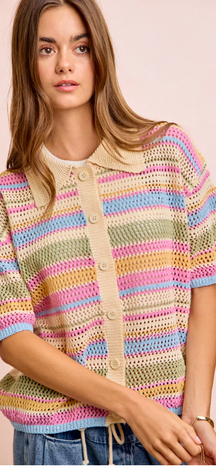 Multi Colors Stripes Buttoned Knit Top