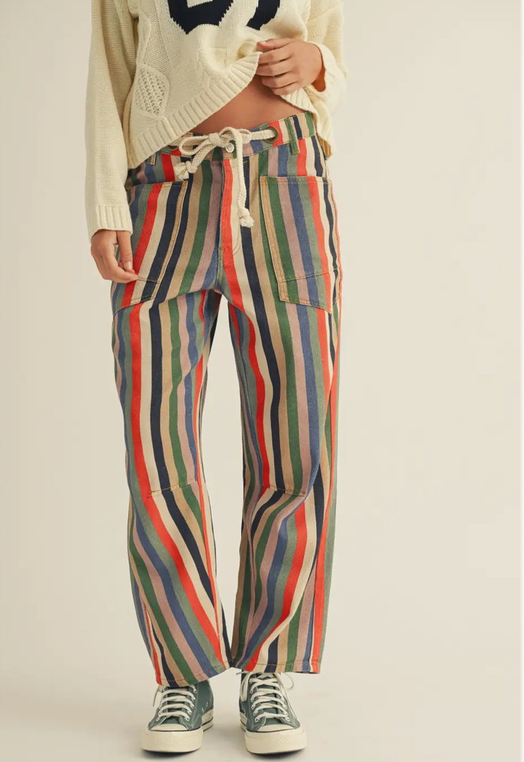 Washed Multi Stripes Rope String Relaxed Fit Pants