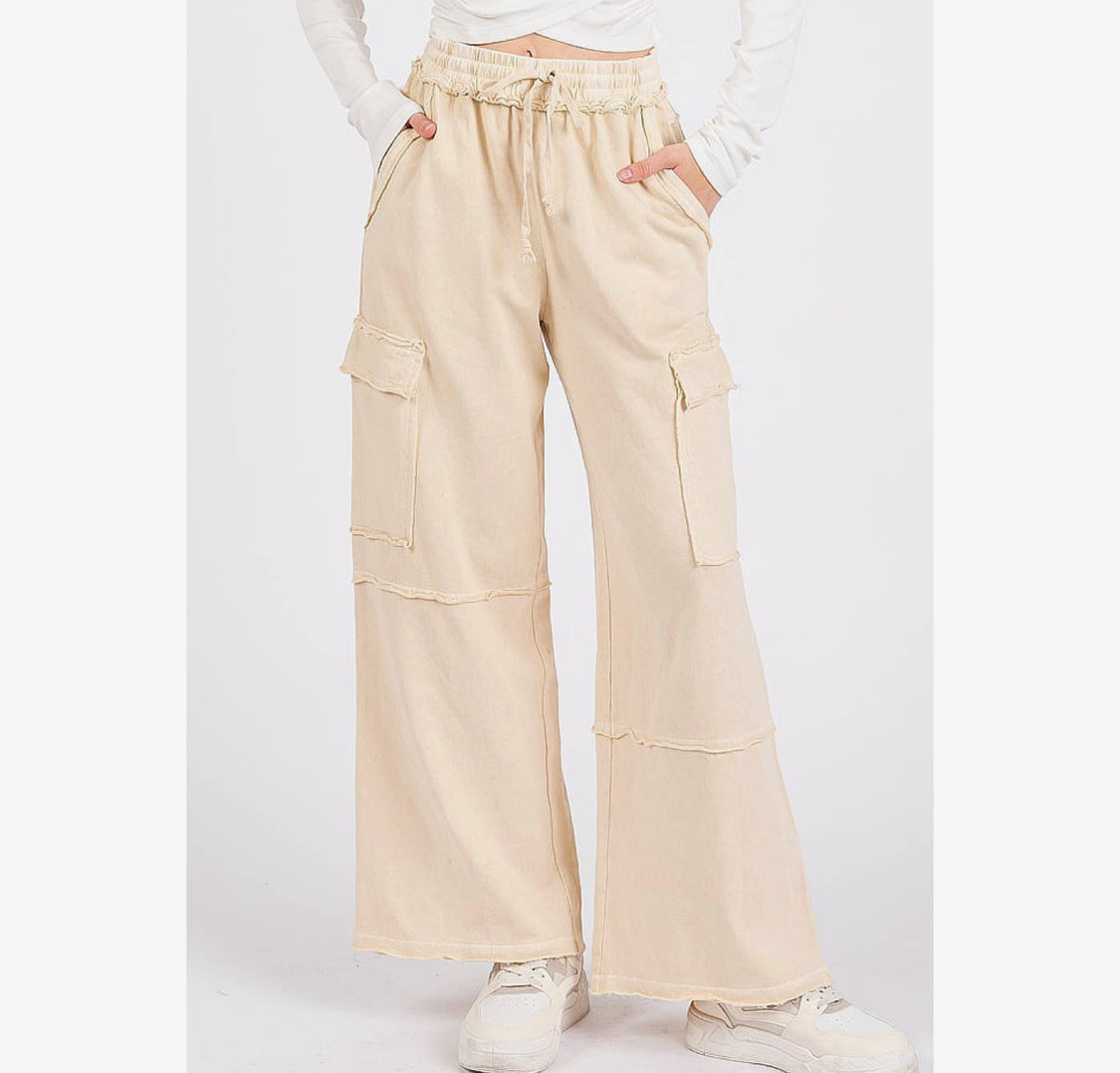 Mineral Wash Elastic Waist Cargo Wide Leg Pants