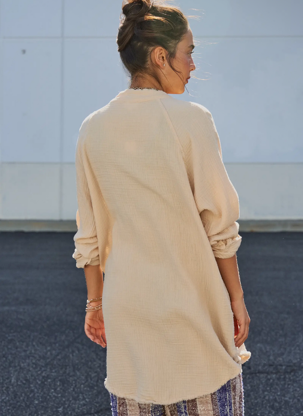 Raw Hem Crinkle Cotton Button Down Shirt-oatmeal