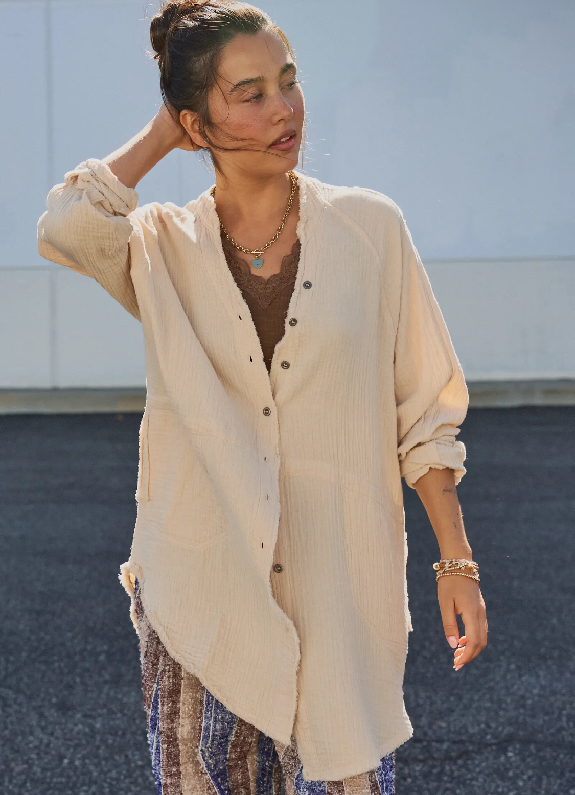 Raw Hem Crinkle Cotton Button Down Shirt-oatmeal