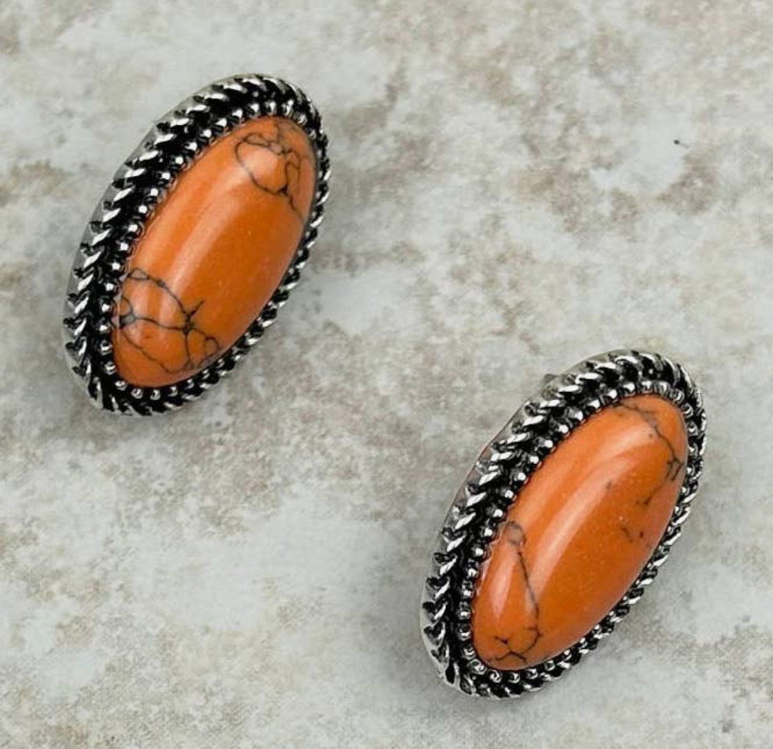 Silver with Orange Stone Oval Post Earrings