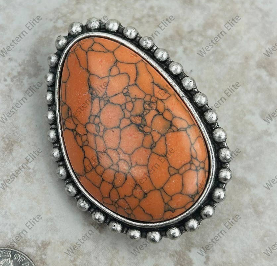 Large Silver Oval with Orange Stone Stretch Ring