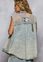 Oversized Sleeveless Embroidered Patchwork Denim Vest