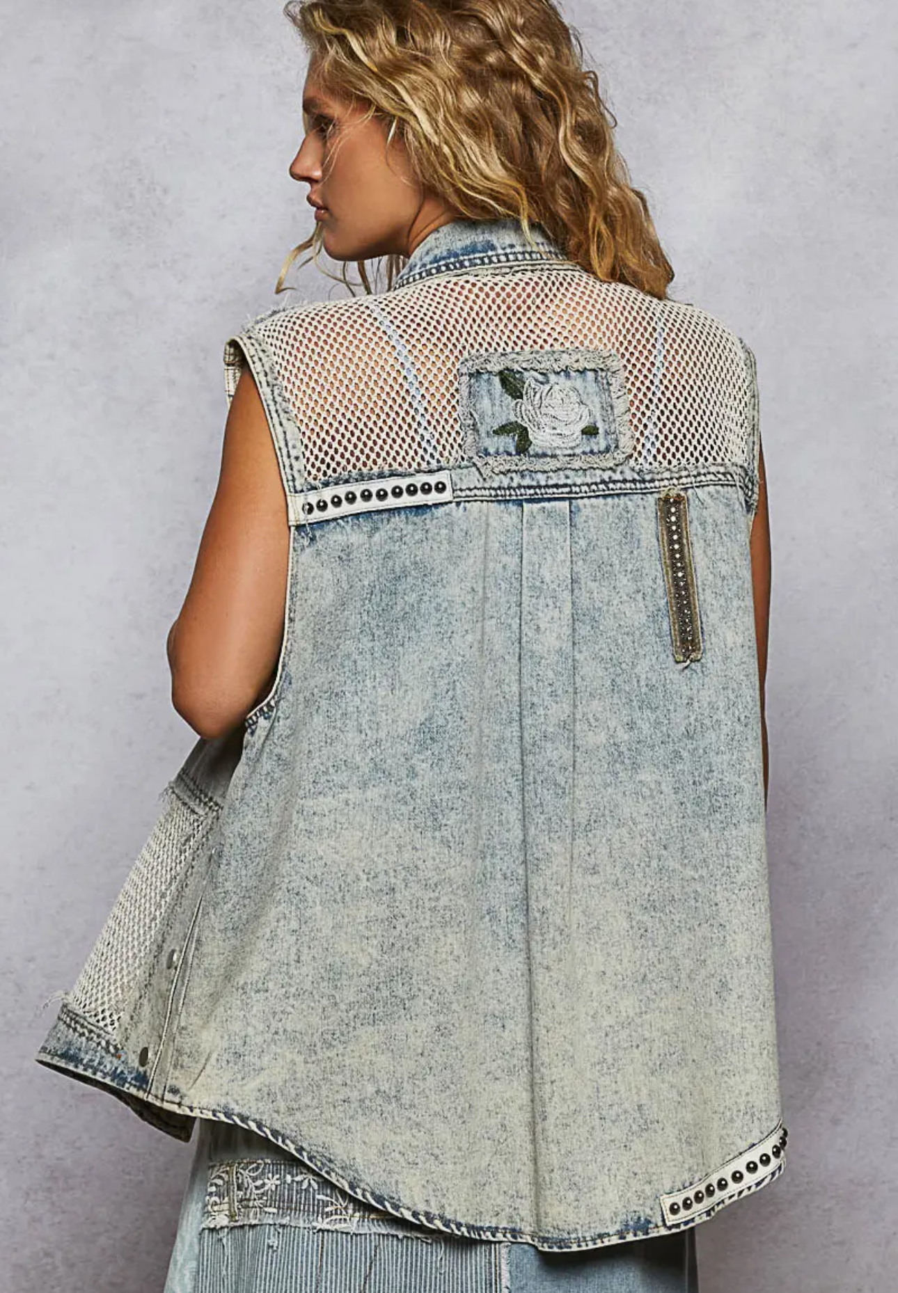 Oversized Sleeveless Embroidered Patchwork Denim Vest