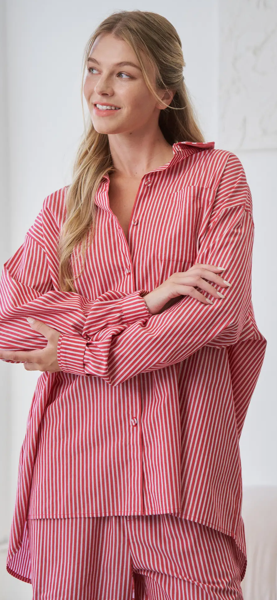 Oversized Stripe Button-Down Shirt -red