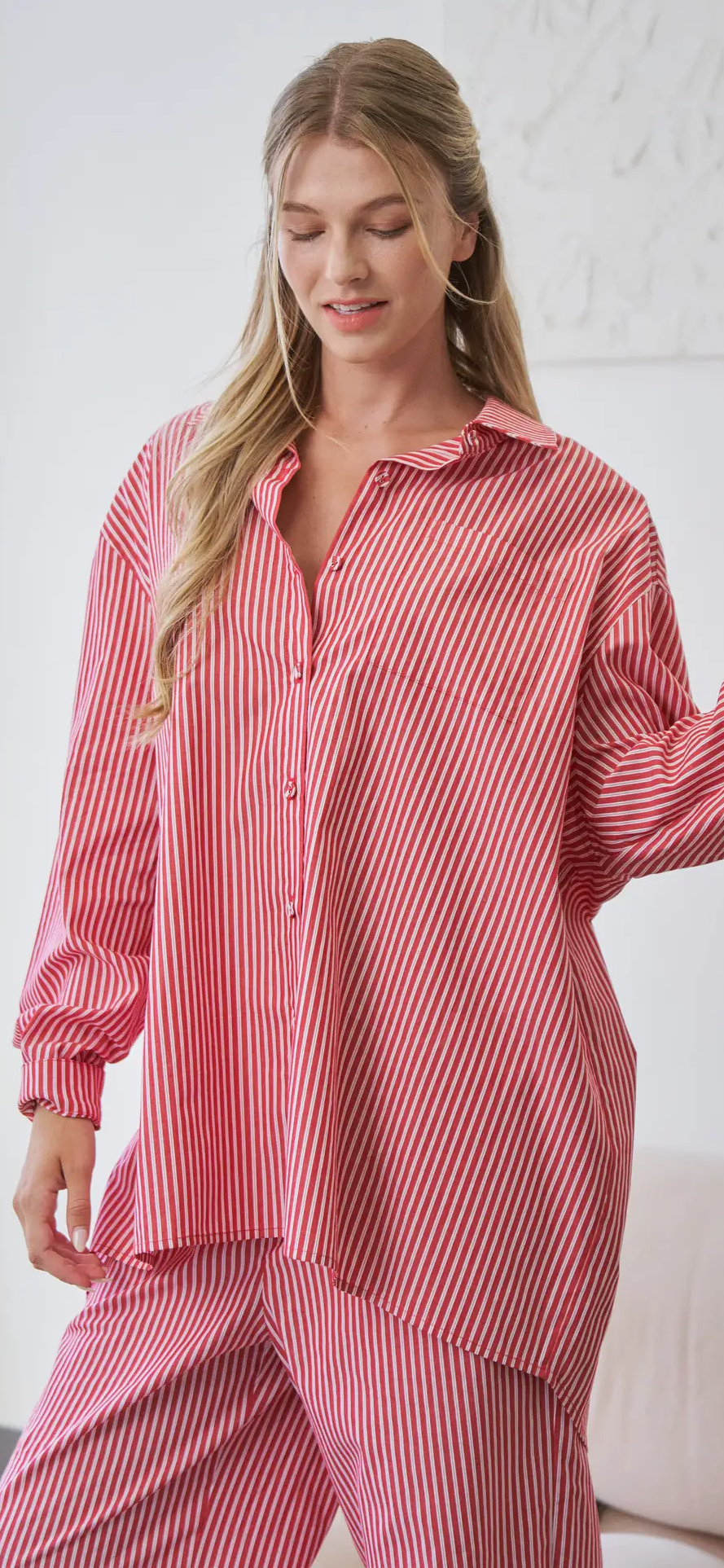 Oversized Stripe Button-Down Shirt -red