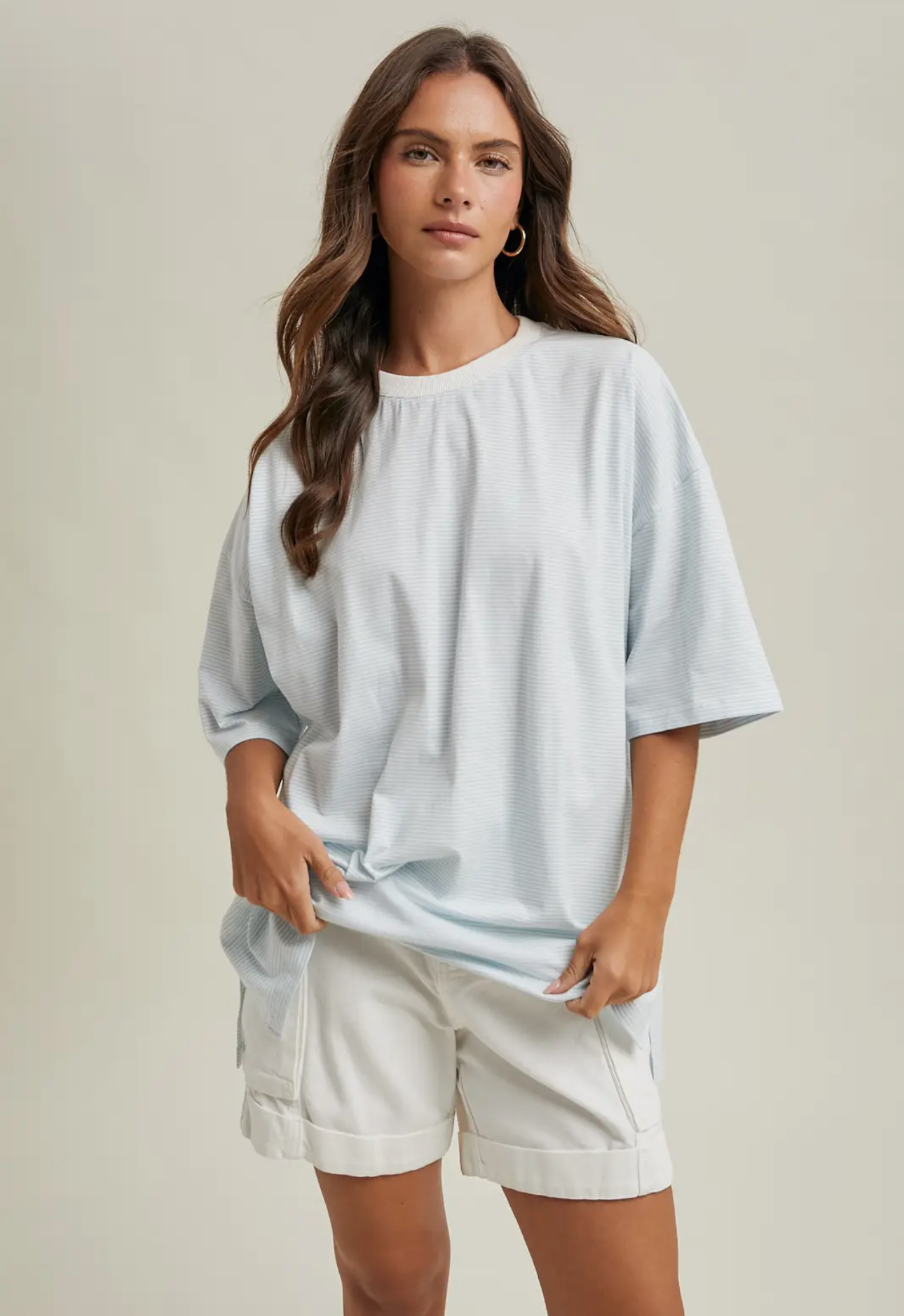 Oversized Striped Knit top-sky blue and white