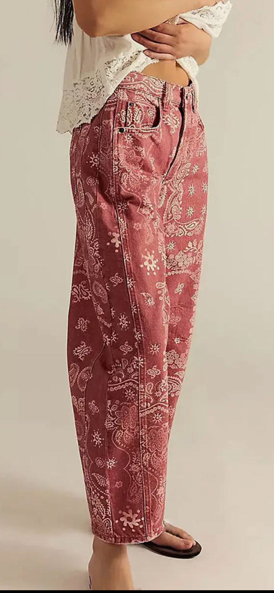 Paisley Pattern Straight Jeans-Red