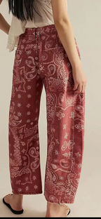 Paisley Pattern Straight Jeans-Red