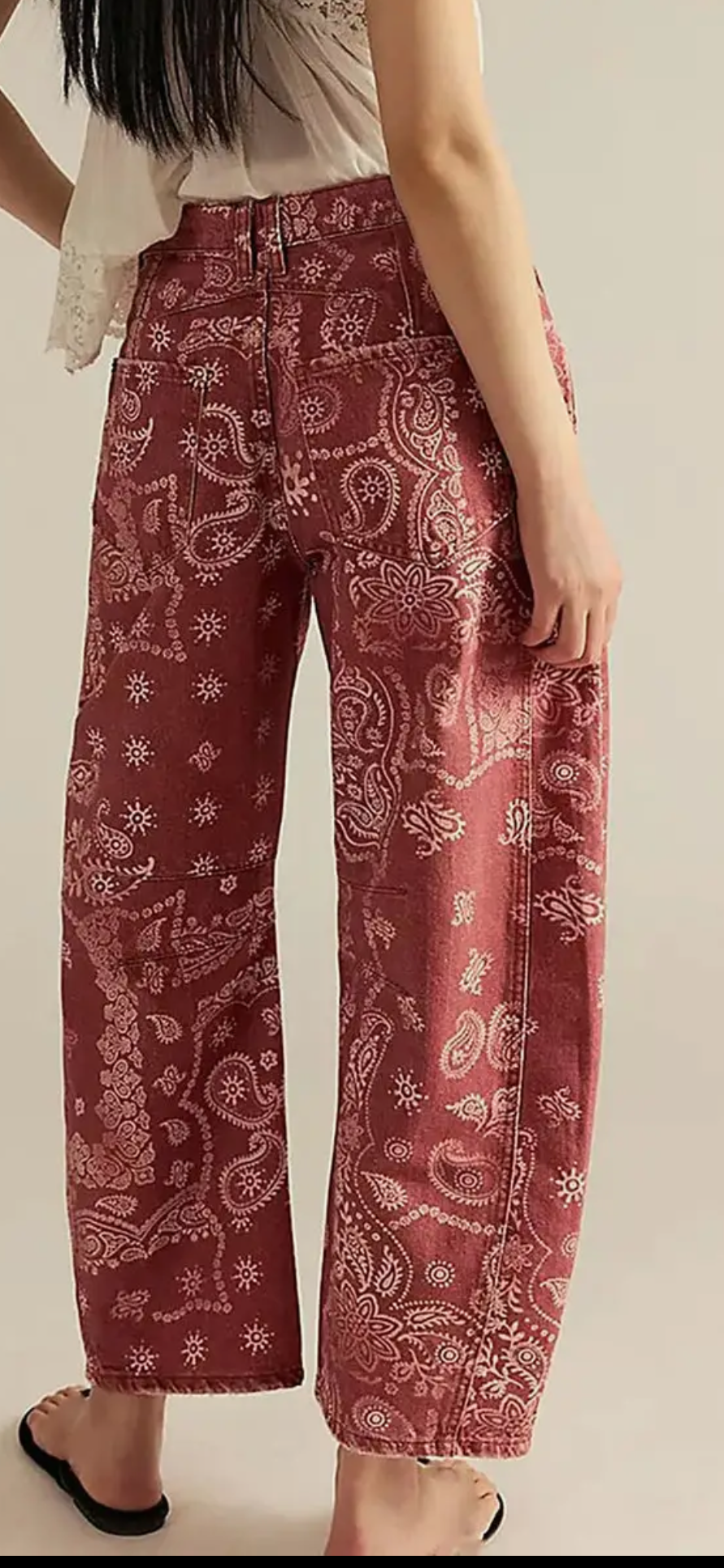 Paisley Pattern Straight Jeans-Red