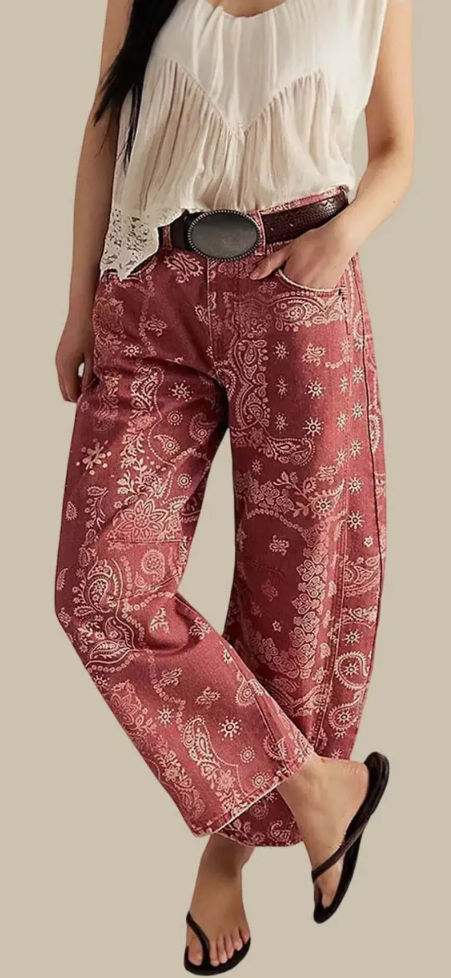 Paisley Pattern Straight Jeans-Red
