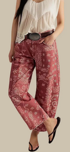 Paisley Pattern Straight Jeans-Red