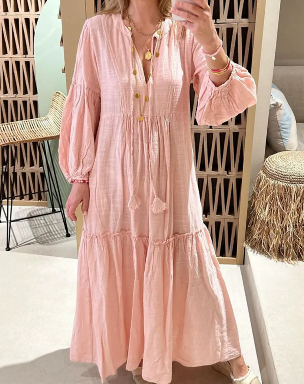 Cotton Linen Maxi Dress- Pink