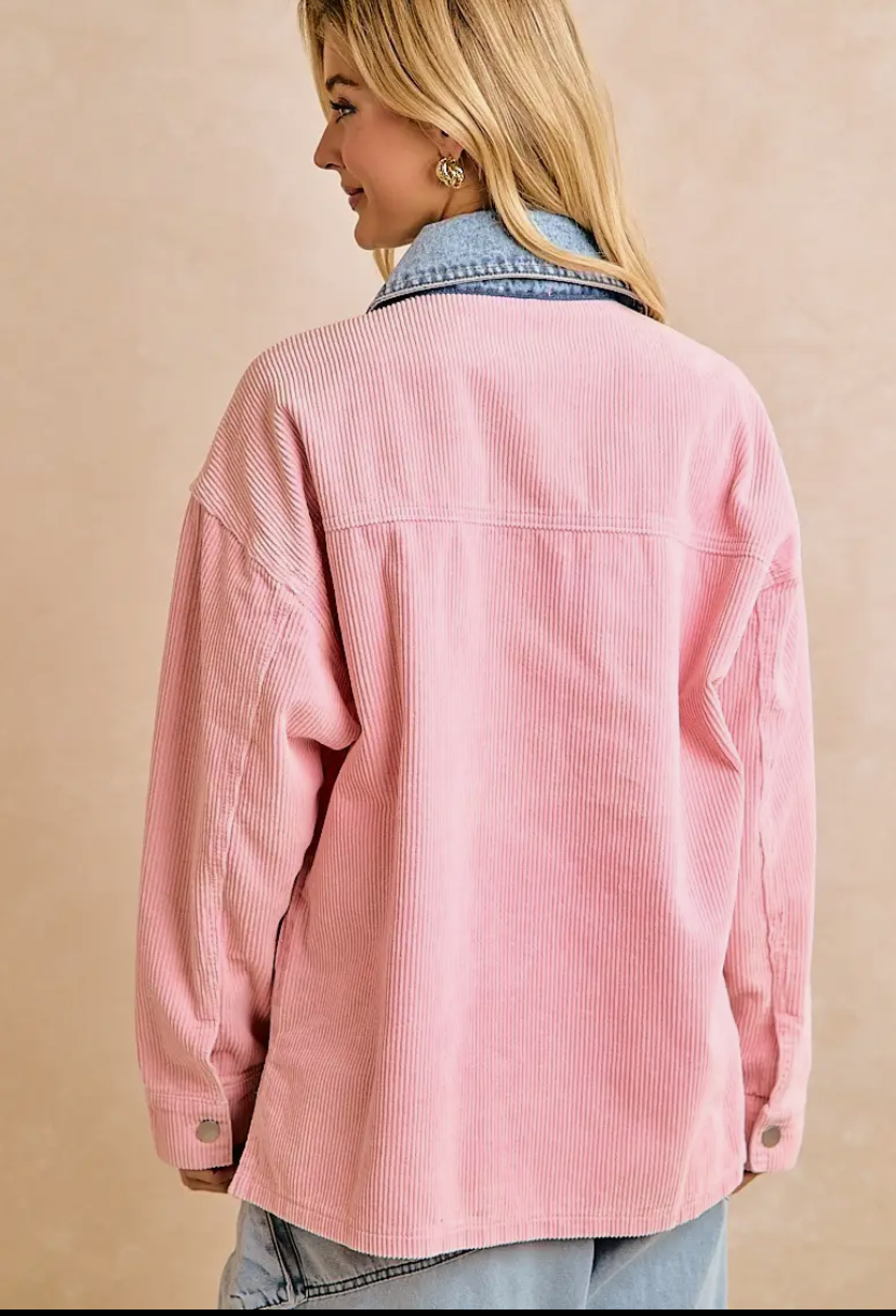 Contrasting Denim collar Washed Corduroy Jacket