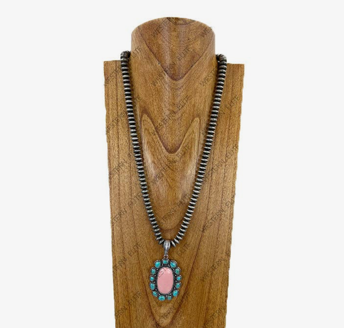24" Silver Navajo Roundel Beads with Blue and Pink Stones