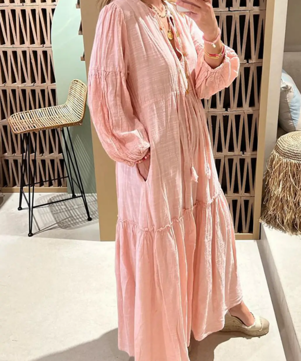 Cotton Linen Maxi Dress- Pink