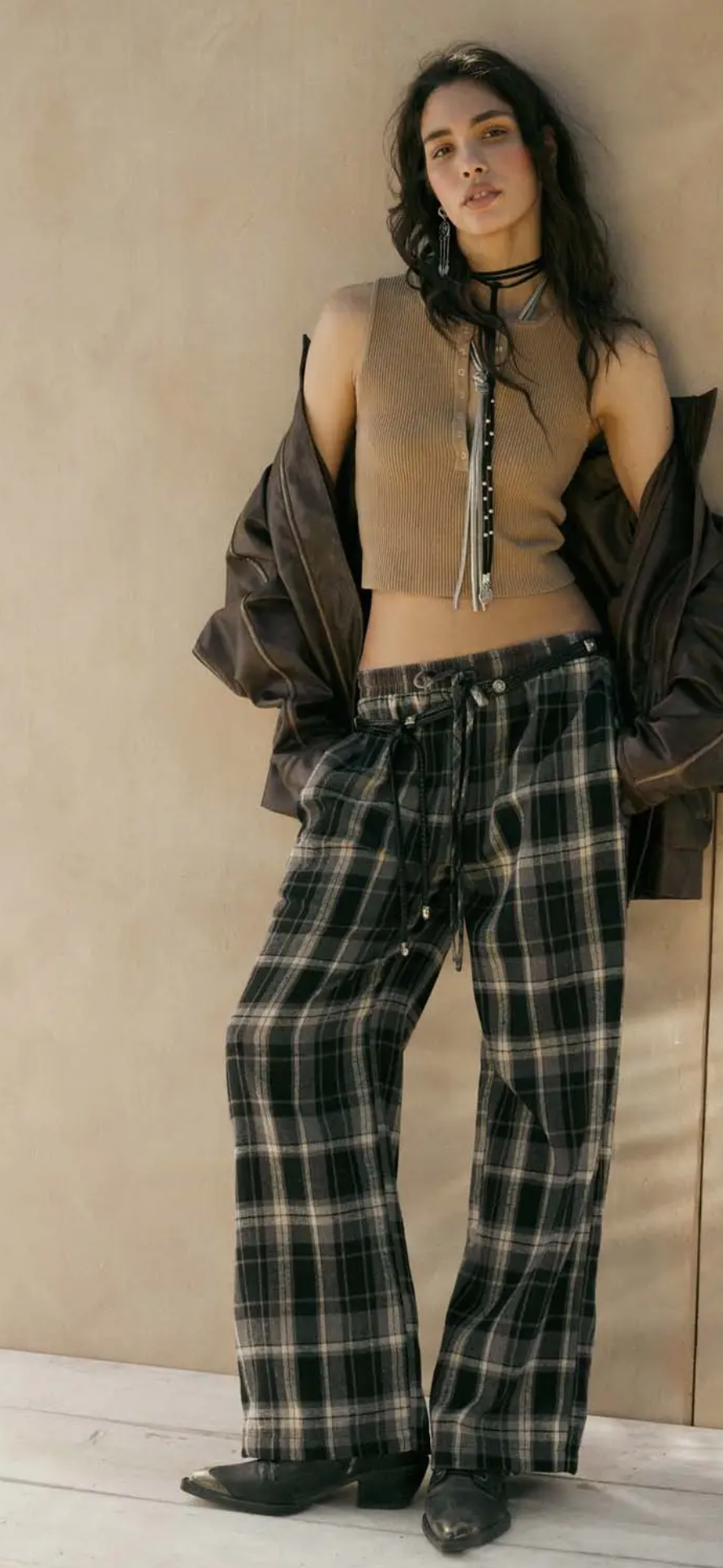 Plaid Flannel Wide Leg Drawstring Pants-Black