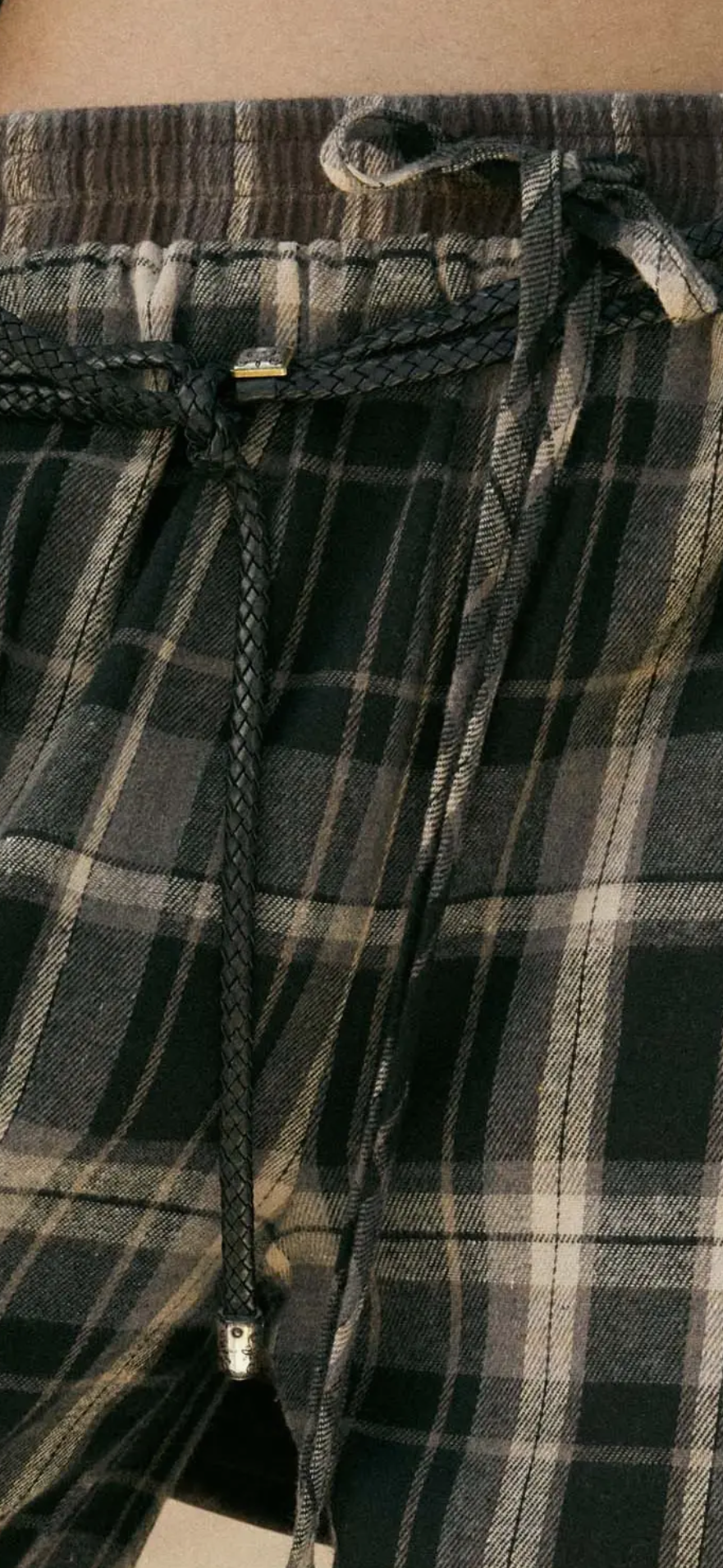 Plaid Flannel Wide Leg Drawstring Pants-Black