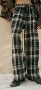 Plaid Flannel Wide Leg Drawstring Pants-Black