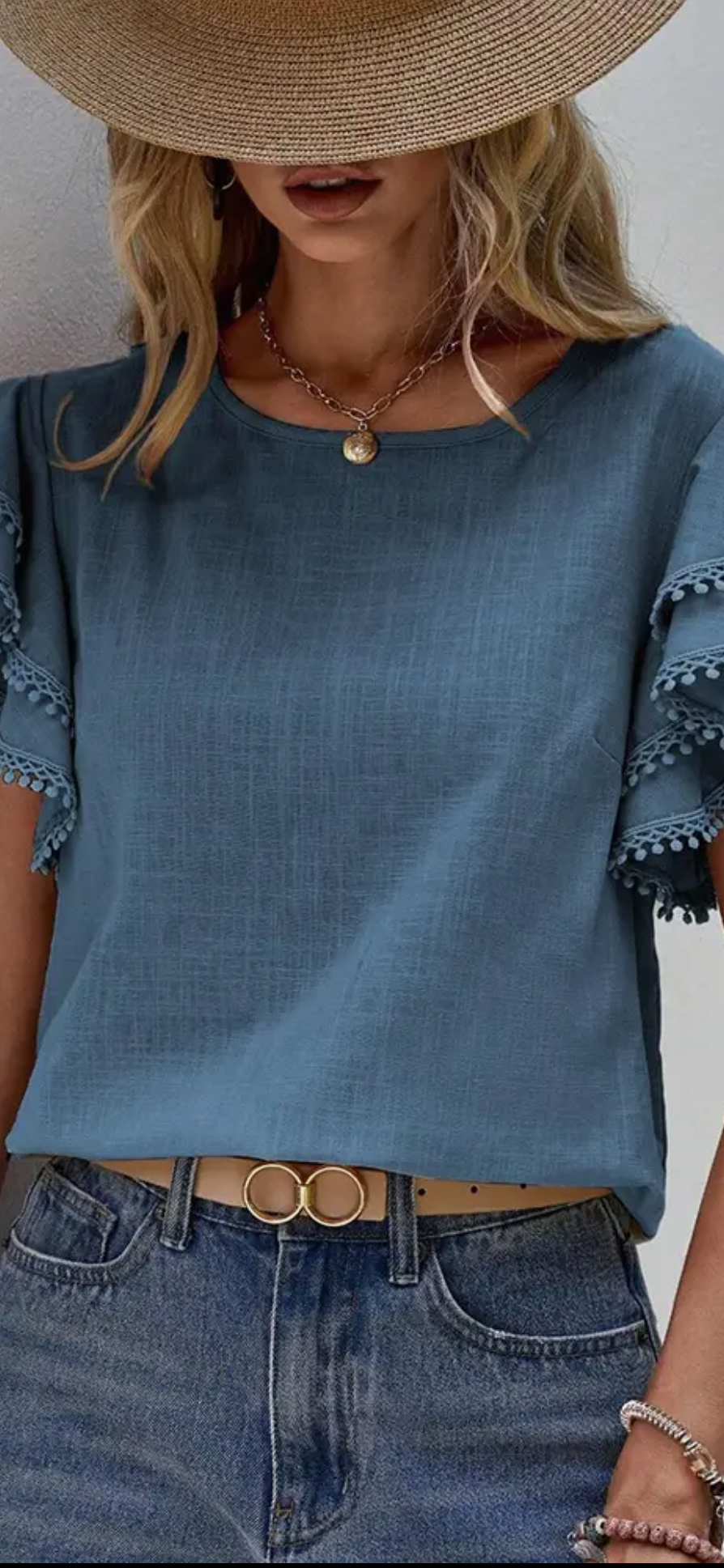 Plain Ruffle Sleeves Crew Neck Top