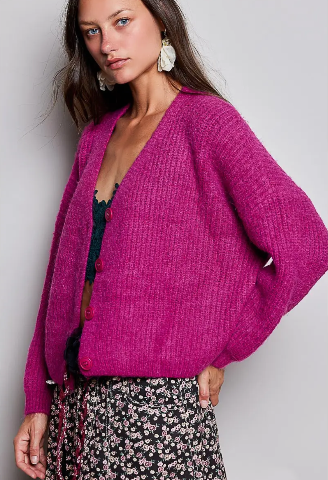 Long Sleeve V Neck Solid Button Down Sweater Cardigan-plum berry