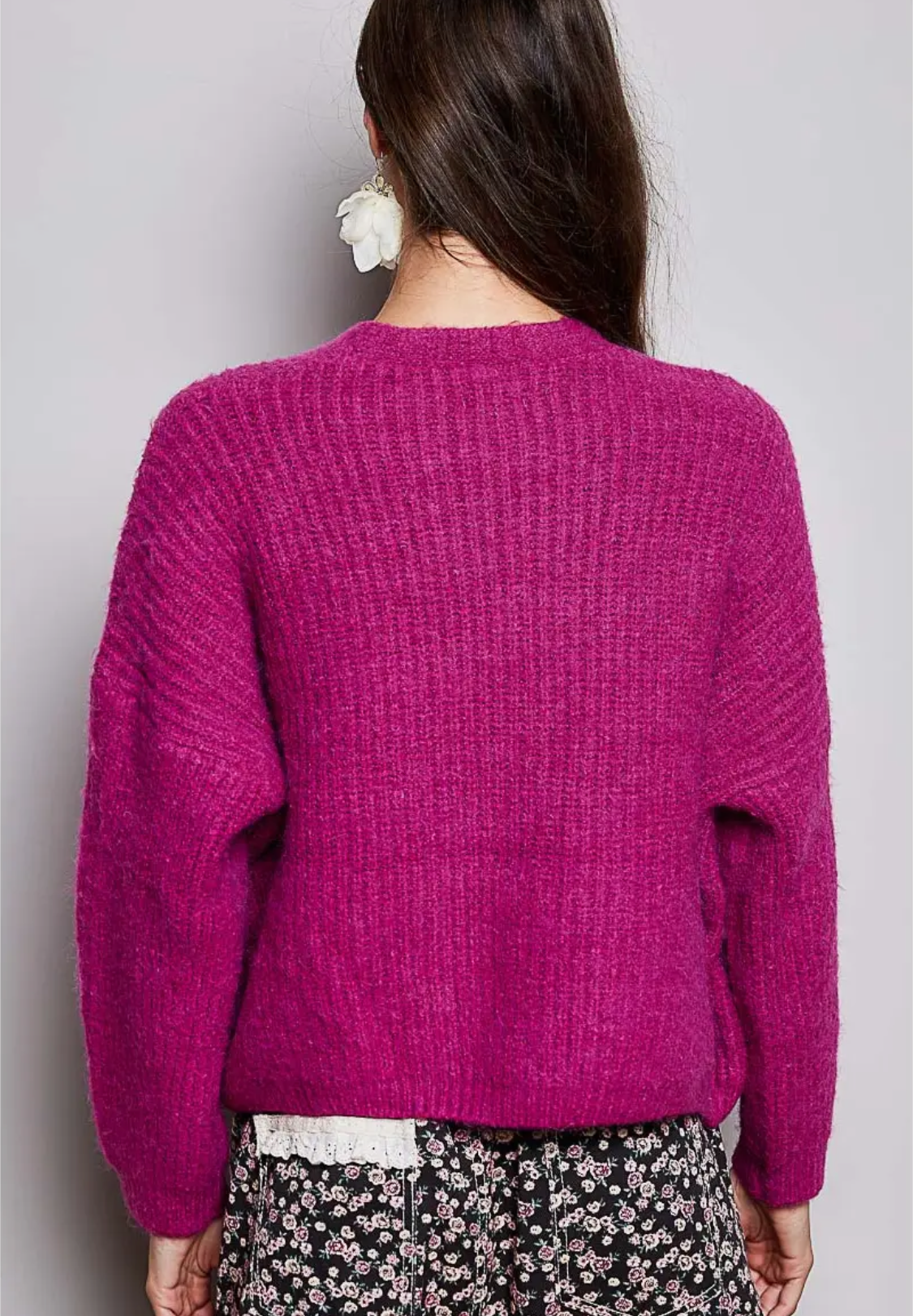 Long Sleeve V Neck Solid Button Down Sweater Cardigan-plum berry