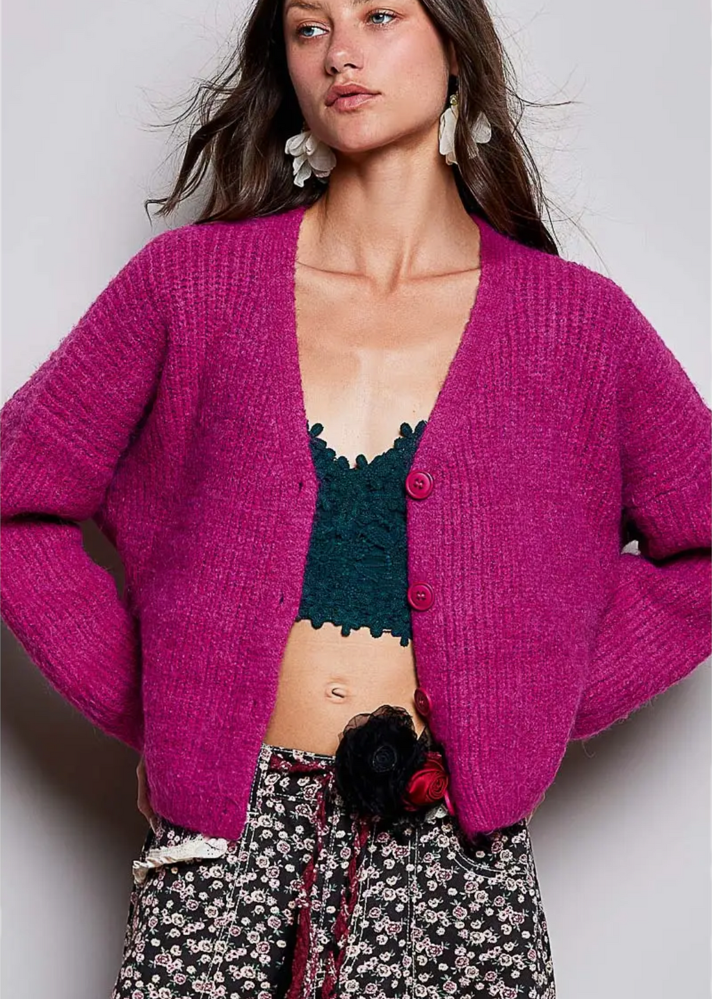 Long Sleeve V Neck Solid Button Down Sweater Cardigan-plum berry
