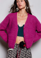 Long Sleeve V Neck Solid Button Down Sweater Cardigan-plum berry