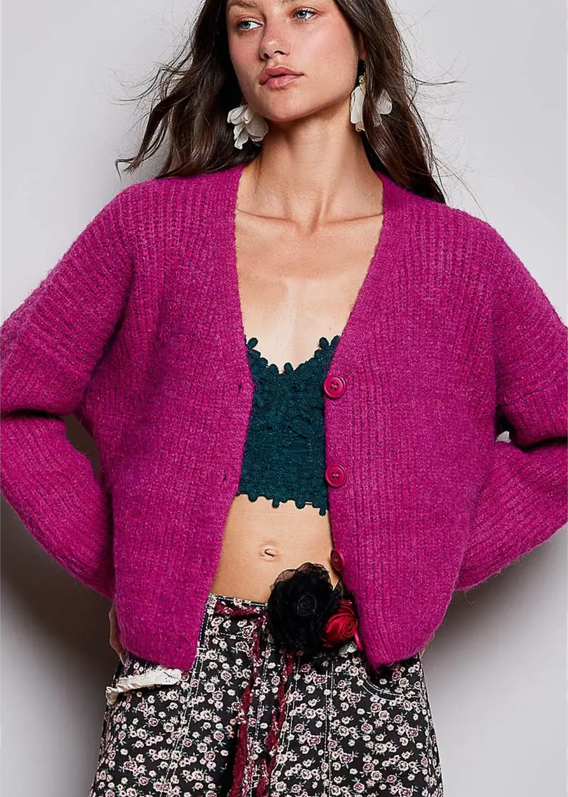 Long Sleeve V Neck Solid Button Down Sweater Cardigan-plum berry