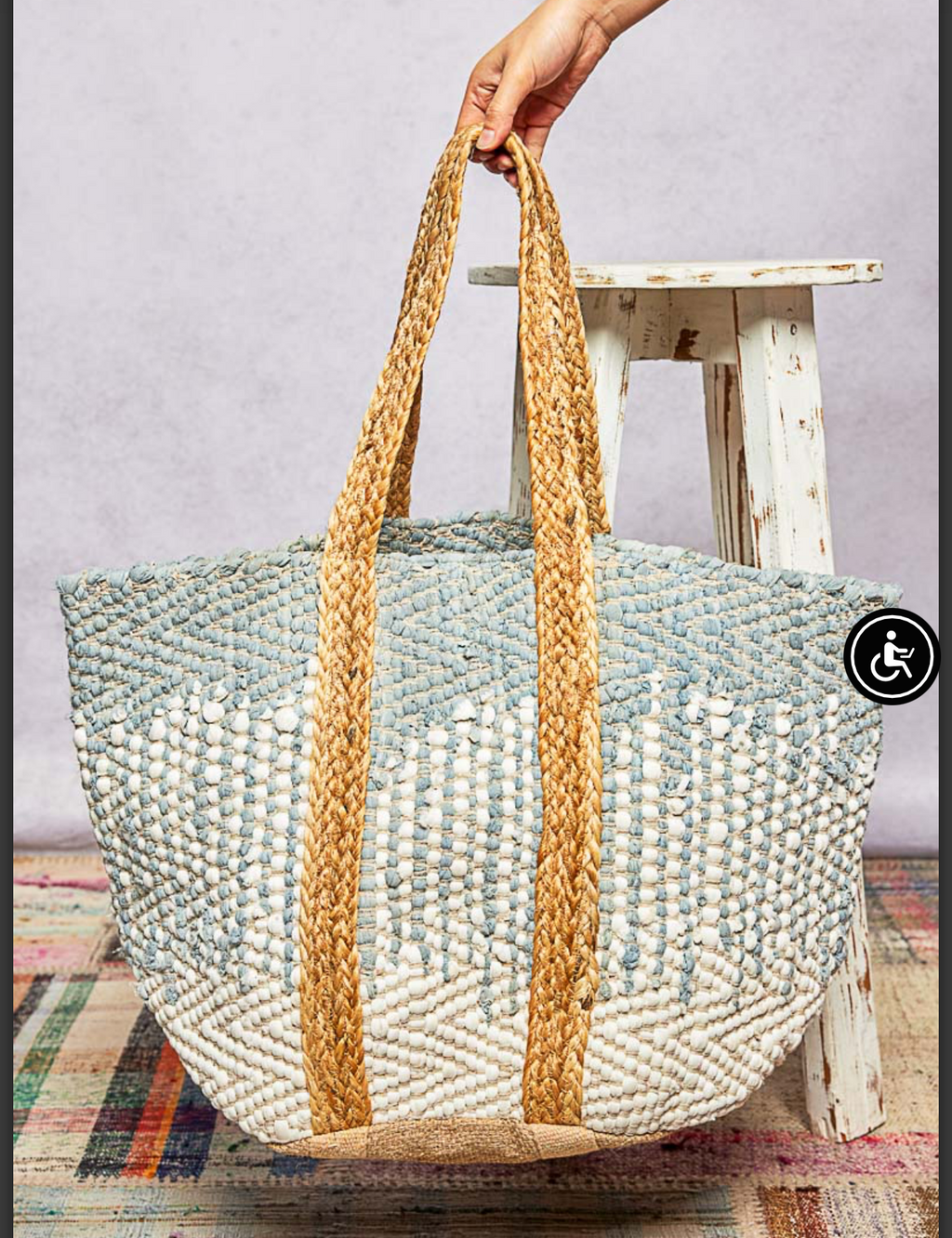 Woven Designed in Tote Bag in Denim, Crochet Weave, Dotted Pattern
