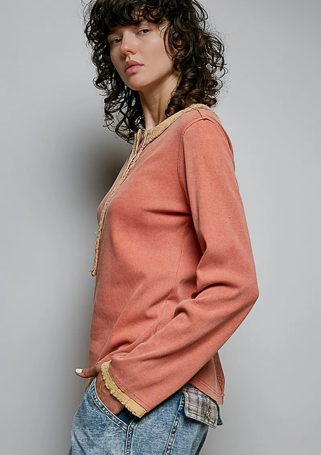 Solid Long Sleeve Round Neck Lace Trim Rib Knit Top-carrot