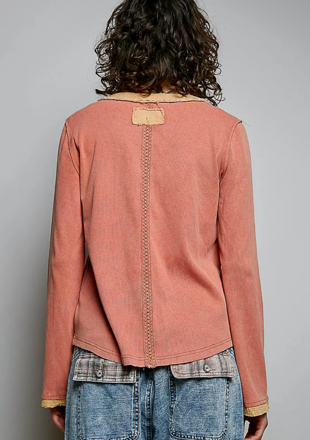 Solid Long Sleeve Round Neck Lace Trim Rib Knit Top-carrot