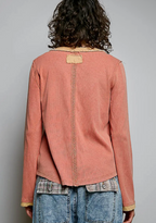 Solid Long Sleeve Round Neck Lace Trim Rib Knit Top-carrot