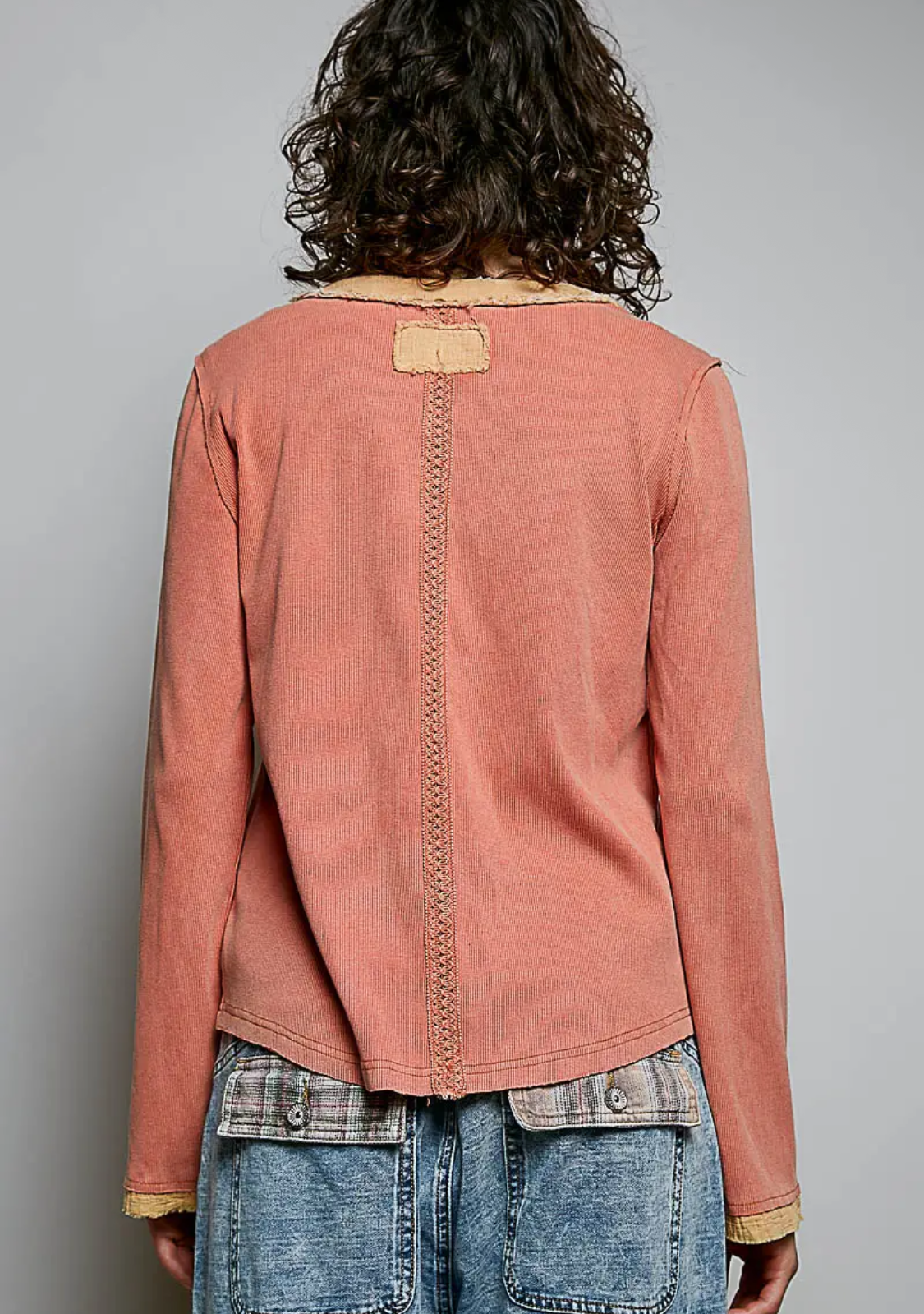 Solid Long Sleeve Round Neck Lace Trim Rib Knit Top-carrot