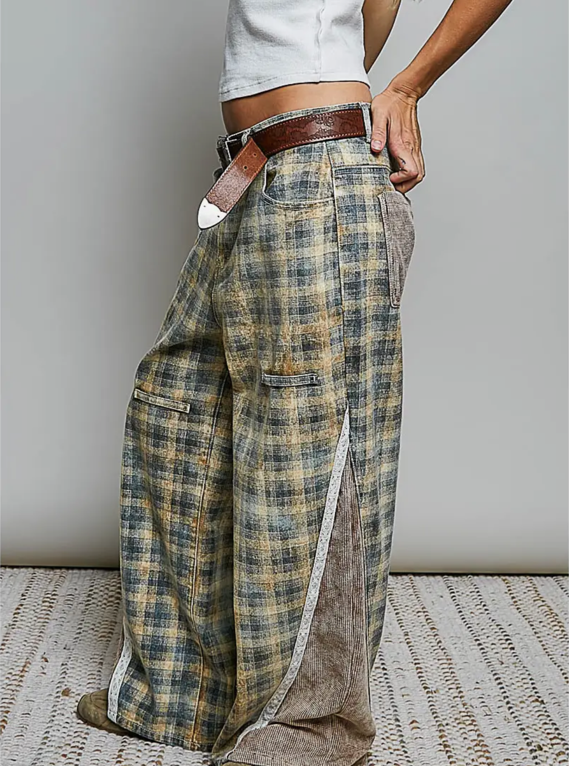 Vintage Thermal Patch Print Twill High Rise Wide Leg-mustard plaid