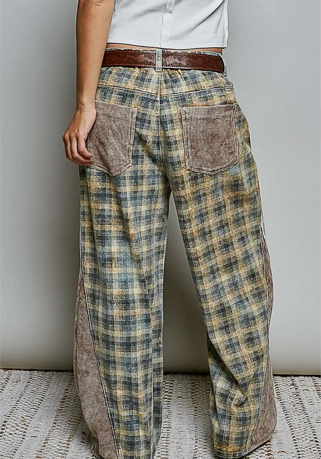 Vintage Thermal Patch Print Twill High Rise Wide Leg-mustard plaid