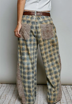 Vintage Thermal Patch Print Twill High Rise Wide Leg-mustard plaid